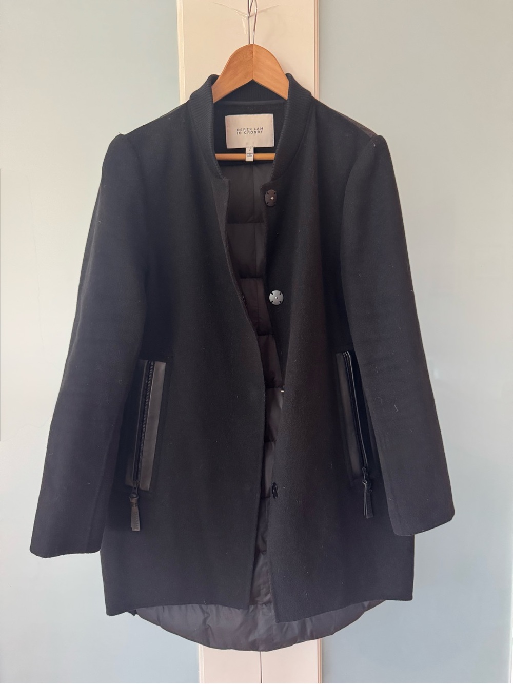 Derek Lam 10 Crosby Black Collarless Wool-Blend Coat